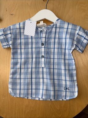 Louis Louise Baby Blue Plaid Short-Sleeve Button Henley Top